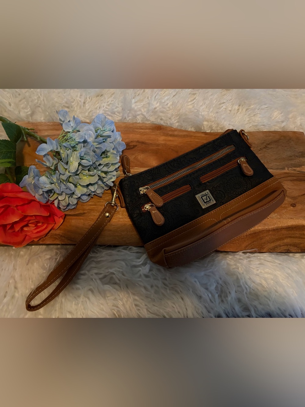 Stone Mountain Black and Brown Wristlet Clutch with Embossed Pattern